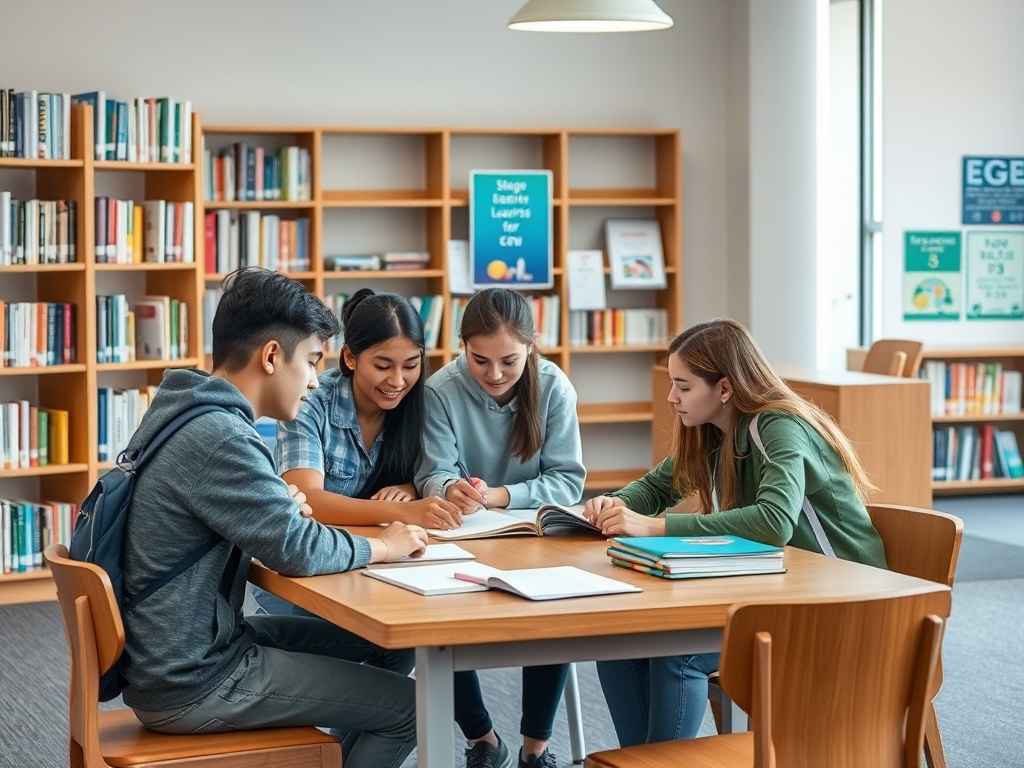 Четыре студента работают вместе за столом в библиотеке, изучая учебные материалы и обсуждая темы.