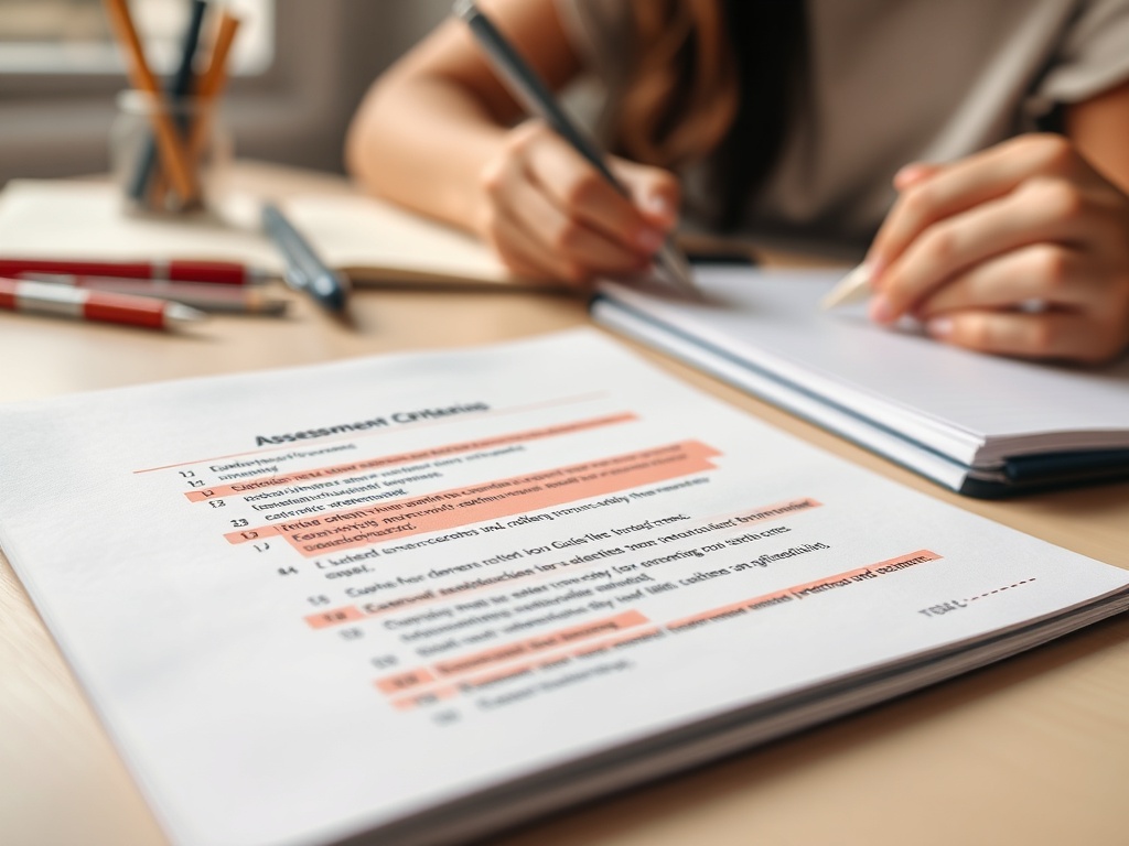 На изображении виден лист с критериями оценки и человек, пишущий в блокноте. Стол усыпан канцелярскими принадлежностями.