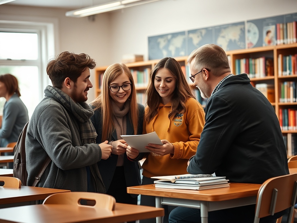 Четыре студента обсуждают проект в классе, сидя за столами, окружённые книгами.