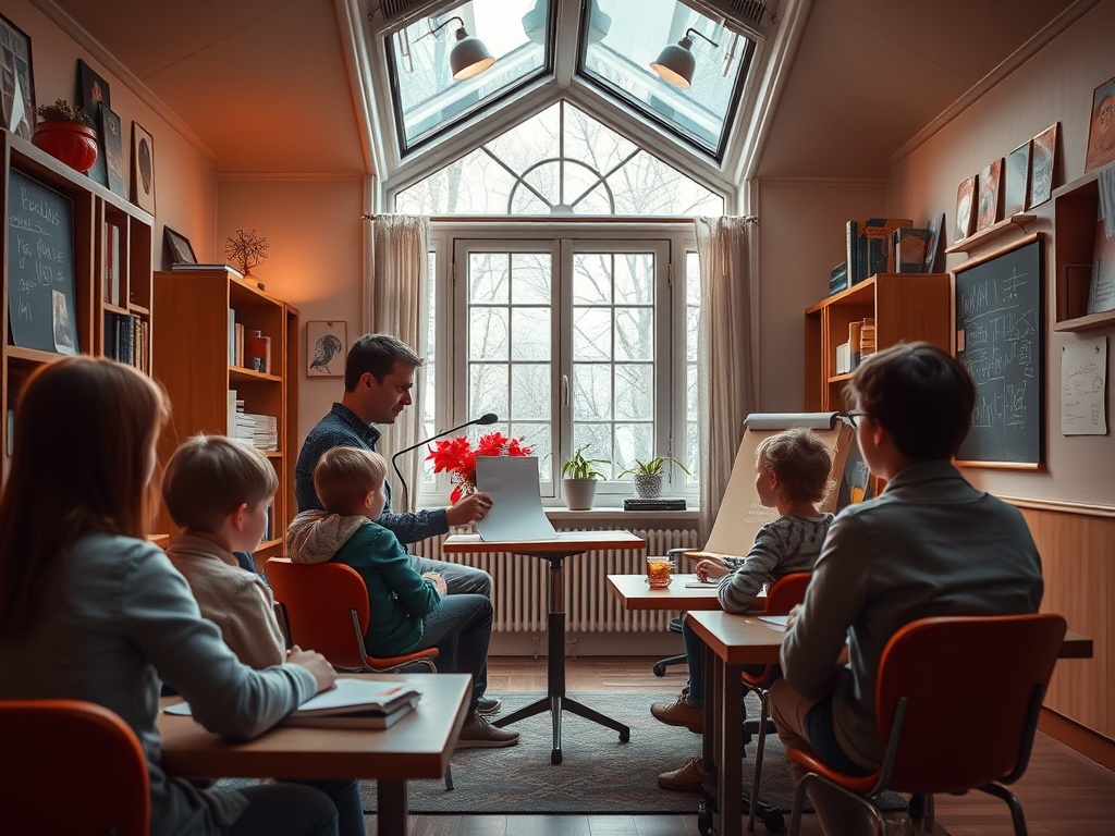 В комнате с высокими окнами мужчина обучает группу детей за столами, окружённых книгами и учебными материалами.