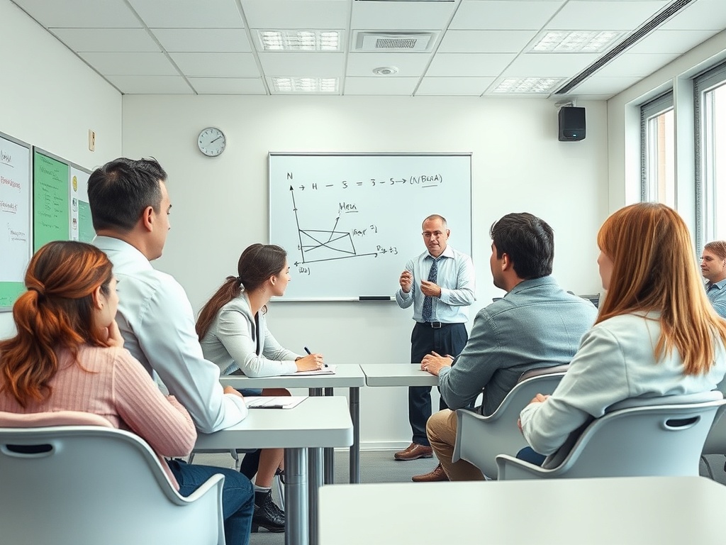 На занятии группа слушает лекцию преподавателя с графиком на доске. Атмосфера учебного процесса.