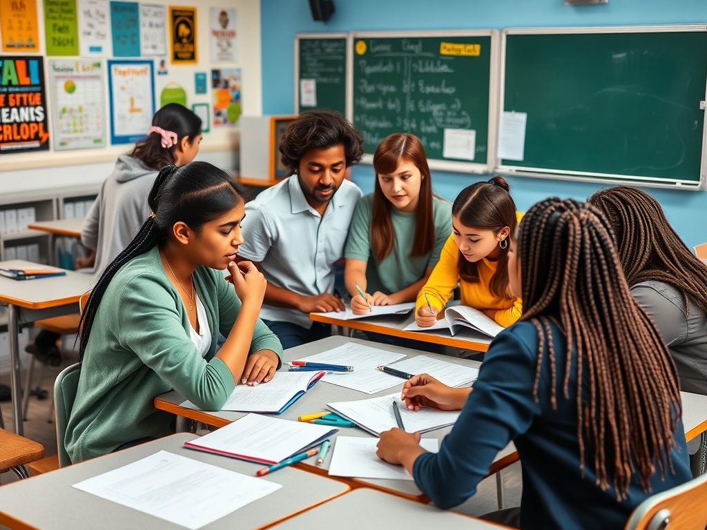 Группа студентов обсуждает материалы и работает над заданиями в классе. Учебная атмосфера и сотрудничество.