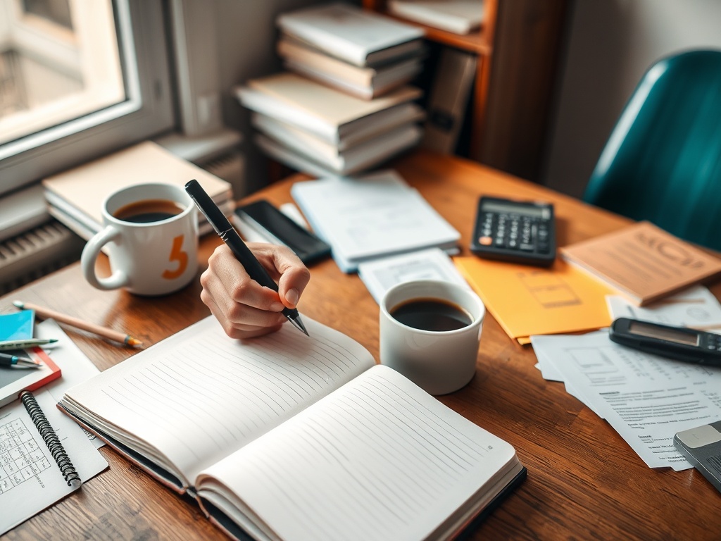 На столе лежат блокнот и ручка, рядом чашка кофе и документы, создающие атмосферу работы или учебы.