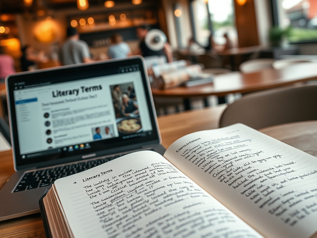 Ноутбук с открытой страницей о литературных терминах и блокнот с написанными заметками на столе в кафе.