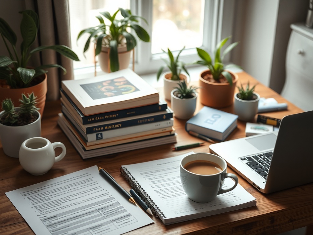 Стол с книгами, ноутбуком, чашкой кофе и растениями на фоне окна. Атмосфера учёбы и комфорта.