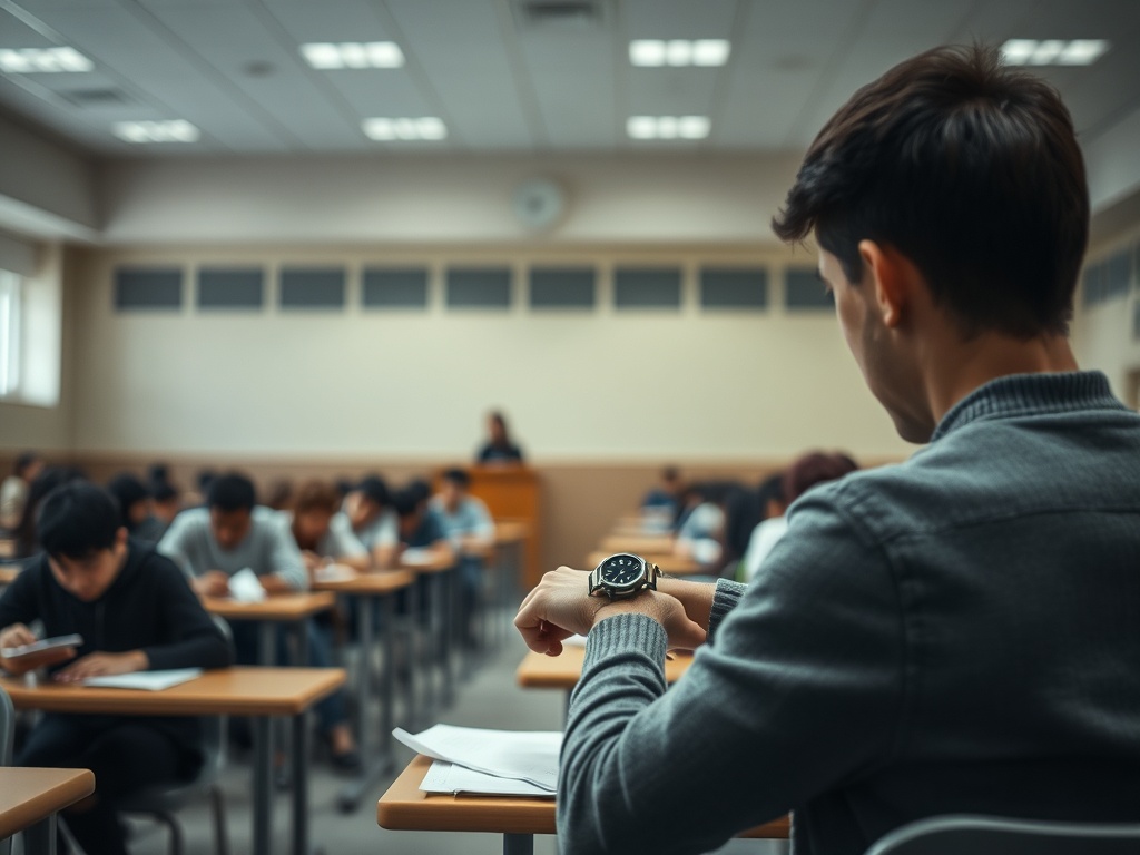 Студенты на экзамене в аудитории, один из них смотрит на часы. Атмосфера сосредоточенности и тишины.