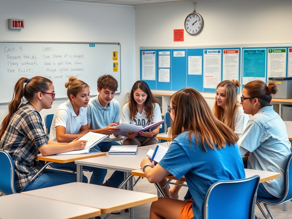 Группа студентов обсуждает проект в классе, обмениваясь идеями и работая с заметками.