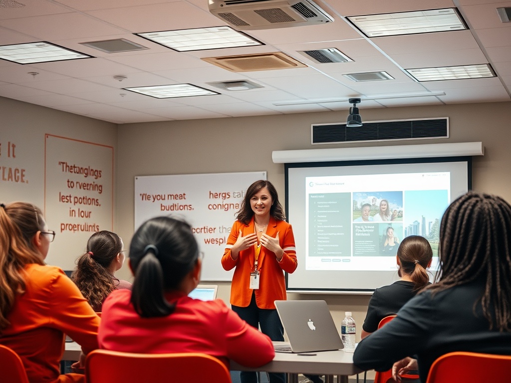 На встрече женщина в оранжевом пиджаке выступает перед группой слушателей. Экран показывает презентацию.