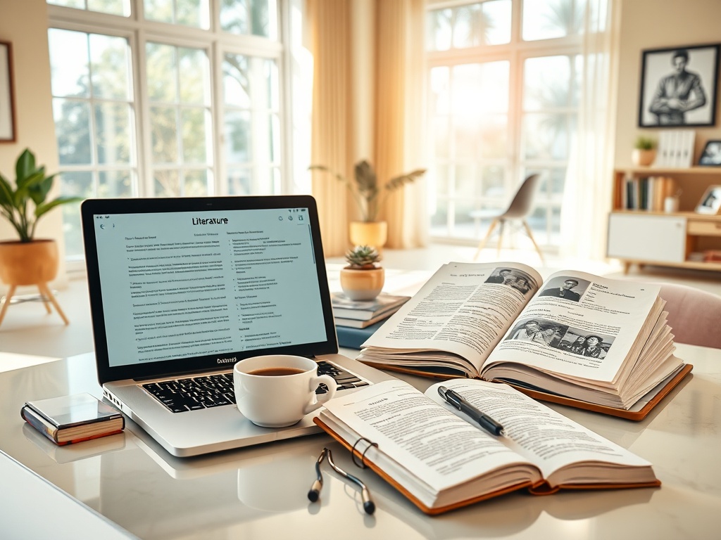 На столе ноутбук, книги, чашка кофе и блокнот в уютном кабинете с большим окном.