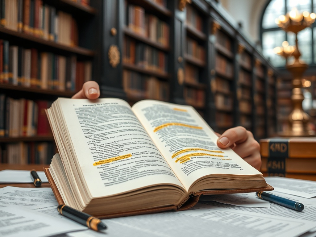 Открытая книга с выделенными строками на фоне библиотечных полок и письменных принадлежностей.