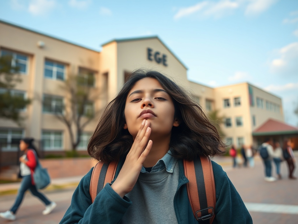 На переднем плане подросток стоит у школы, задумчиво касаясь подбородка. Позади ученики, спокойная атмосфера.