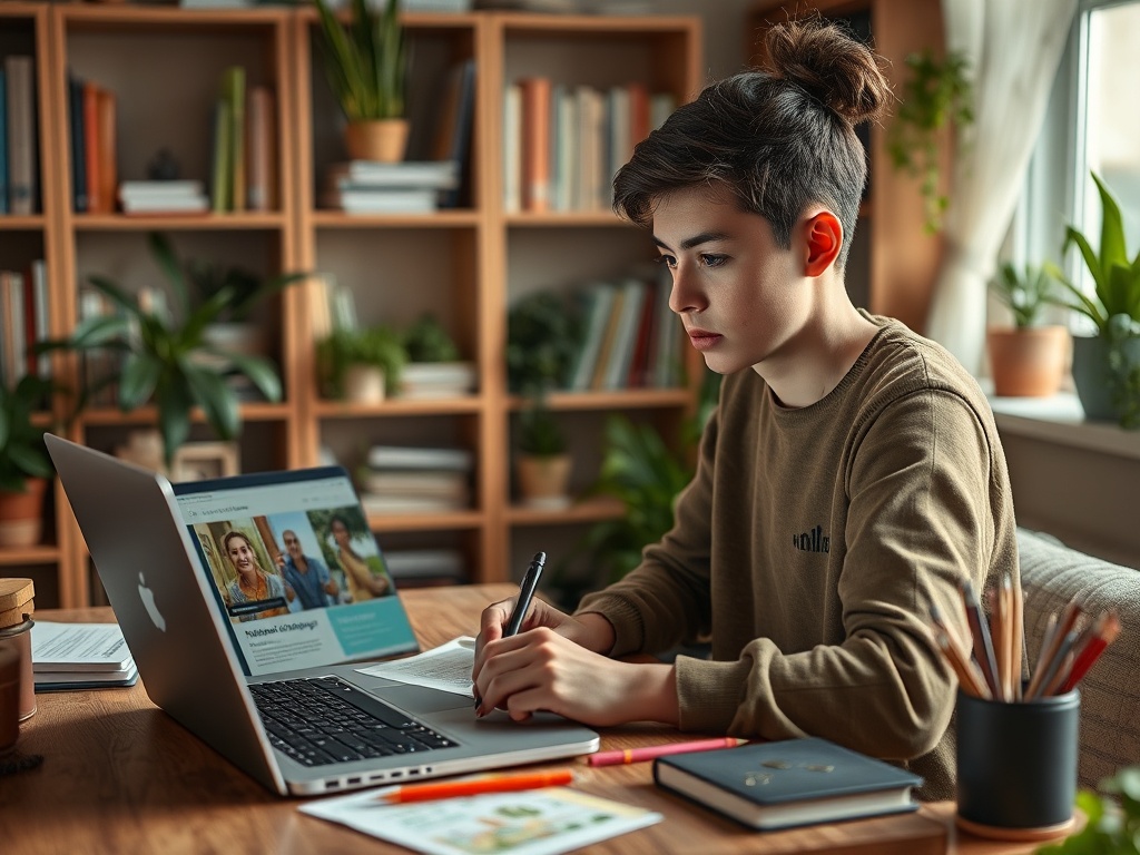 Молодой человек за столом с ноутбуком, изучает информацию и делает заметки среди зелени.