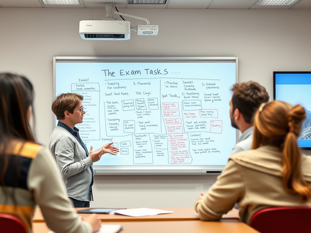 На занятии обсуждаются задания на экзамен. Преподаватель объясняет материалы студентам.