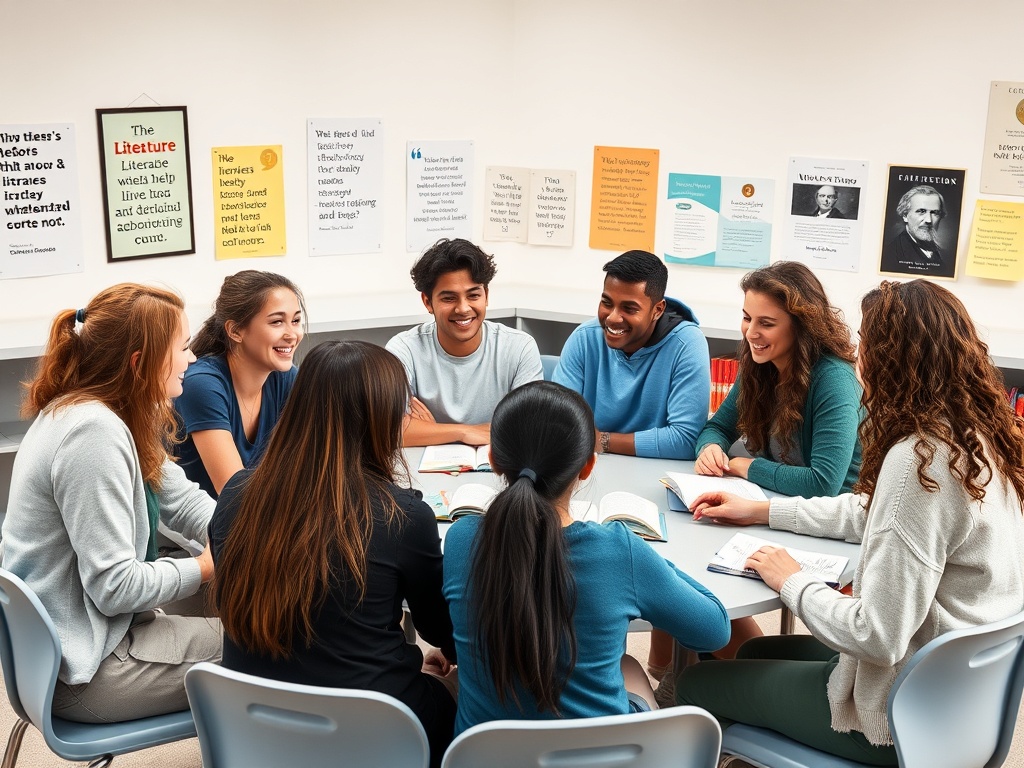 Группа студентов обсуждает книги за круглым столом в уютной классе с учебными плакатами на стенах.