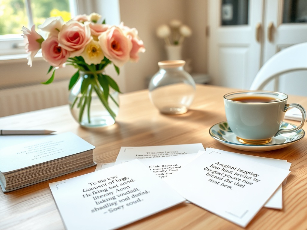 Стол с чашкой чая, вазой с розами и открытками с текстом на фоне светлого окна.