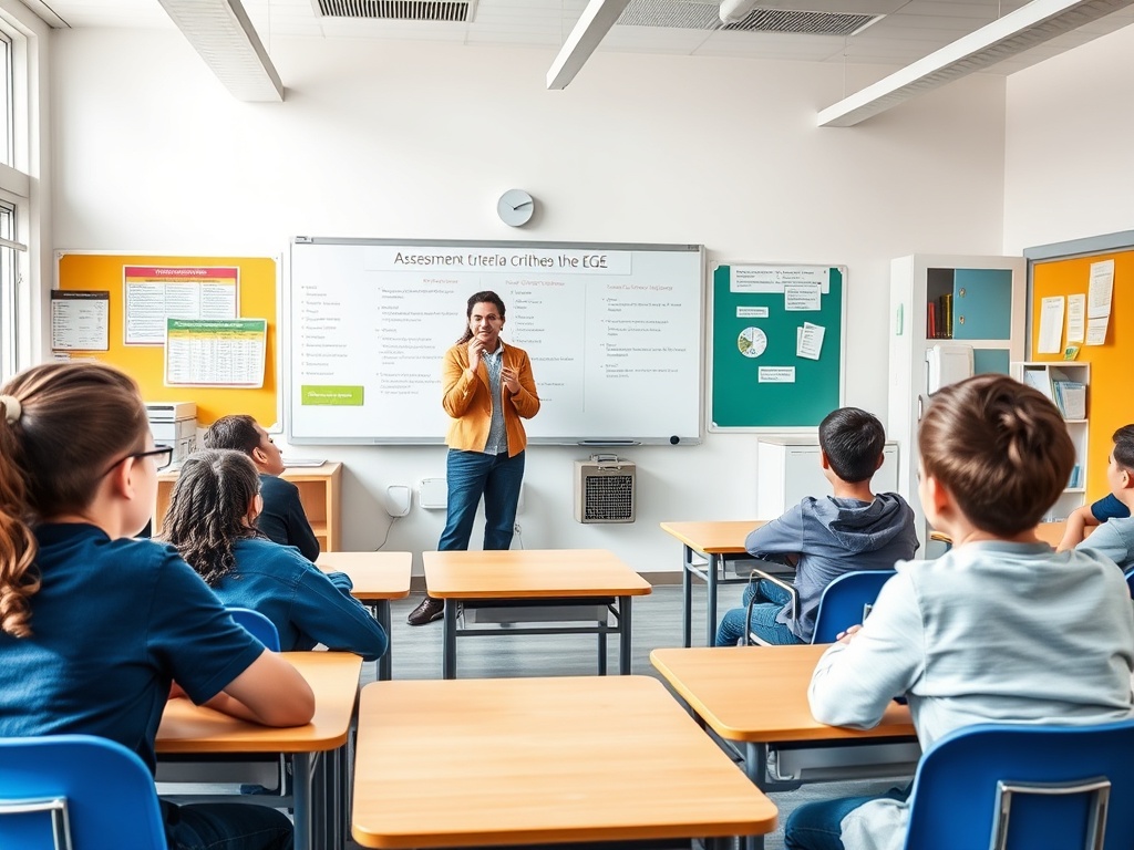 Учитель объясняет материал, ученики слушают занятия в уютном классе с современным оборудованием.