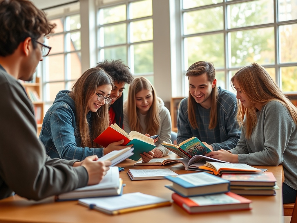 Группа студентов читает книги за столом в светлом помещении, окружённом книгами и окнами.